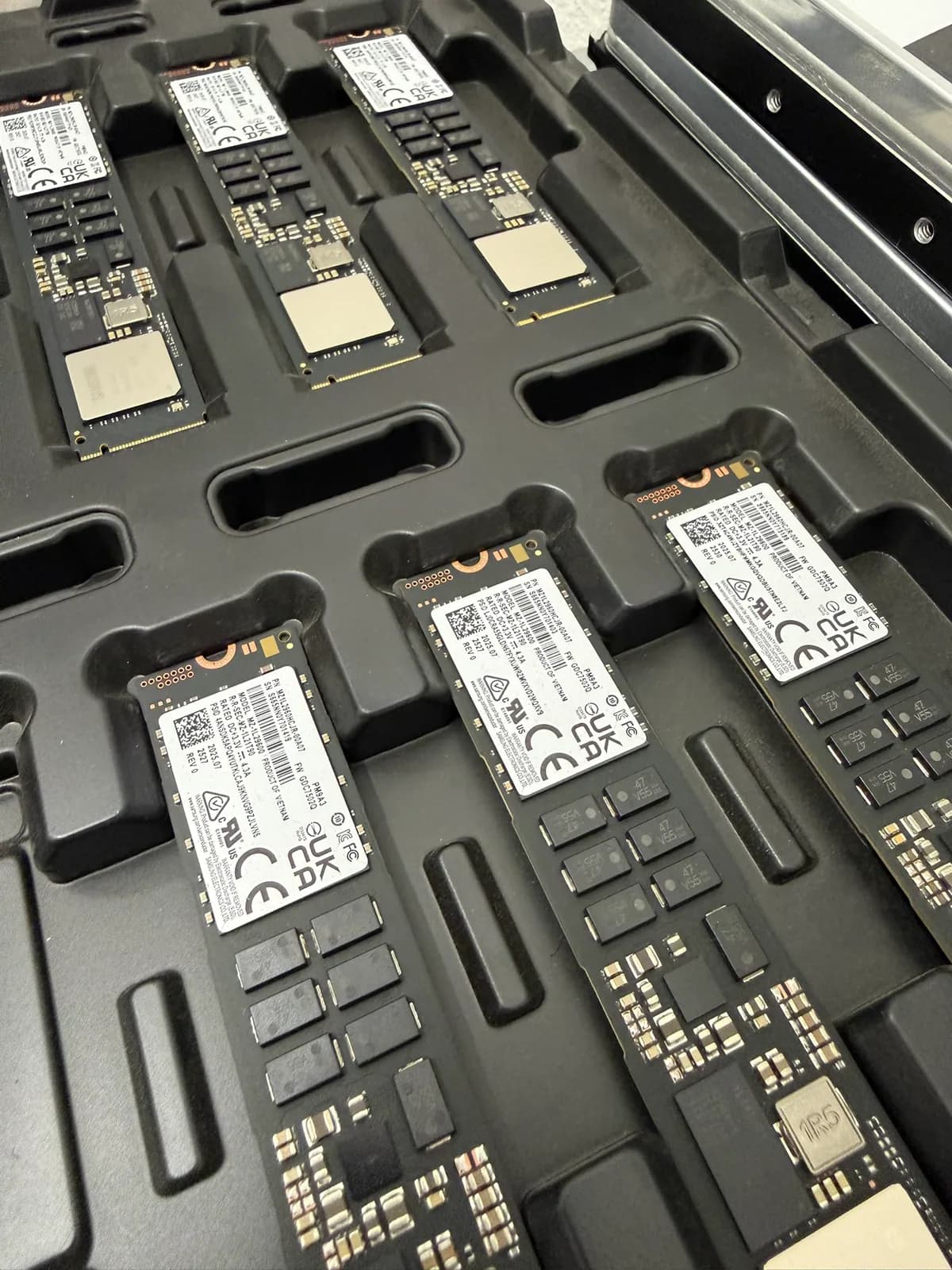 Several NVMe SSDs in protective transport packaging