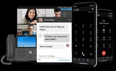 3CX applications on smartphones and a computer, alongside a desk phone